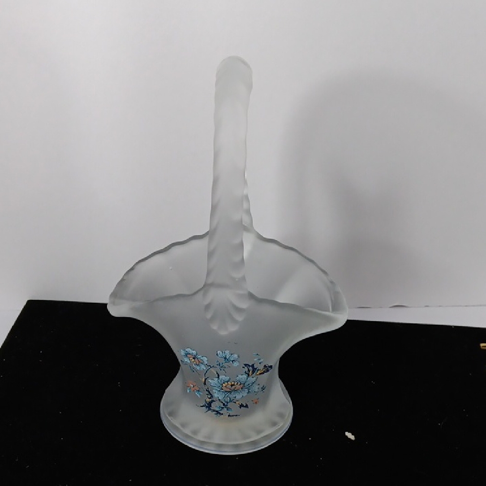 Frosted Glass Basket with Blue Floral Accents vtg. Viking basket